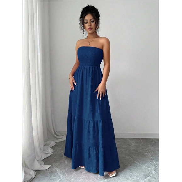 Strapless Maxi Dress Long Blue Shirred Top Flared - Picture 5 of 8